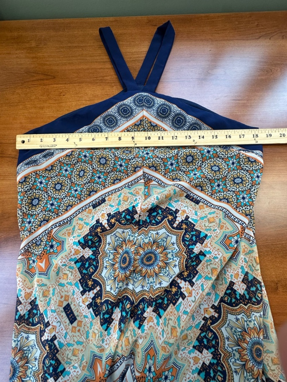 Emma & Michele Navy and Cream Boho Halter Maxi Dress Sz 12 Handkerchief - Picture 12 of 14